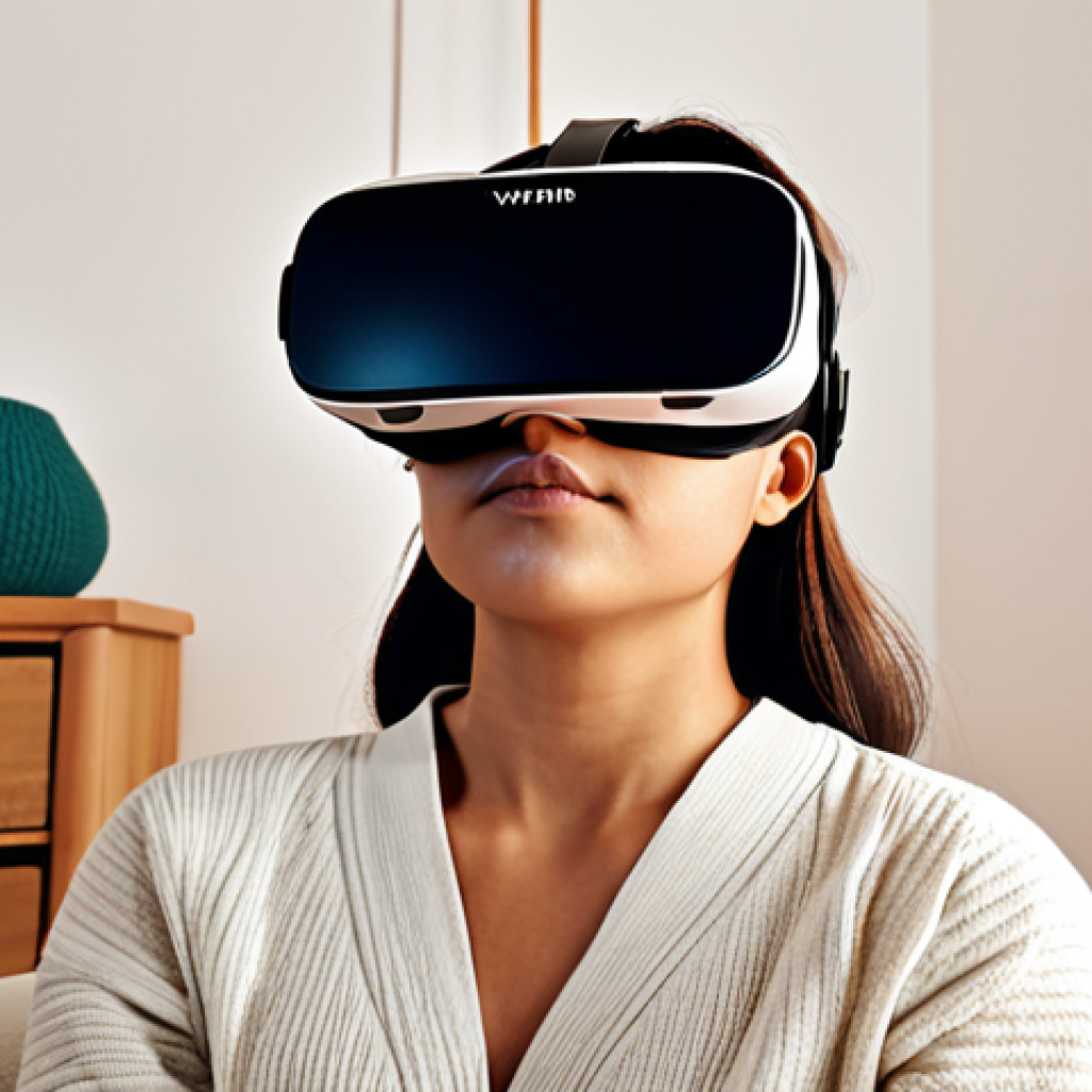 **Image Prompt 1: Virtual Therapy Session**
   - Create an image of a person experiencing a virtual reality therapy session. The individual is wearing VR goggles, sitting comfortably in a cozy room that resembles a therapist's office. The virtual environment shows calming landscapes or soothing scenes that help alleviate anxiety.