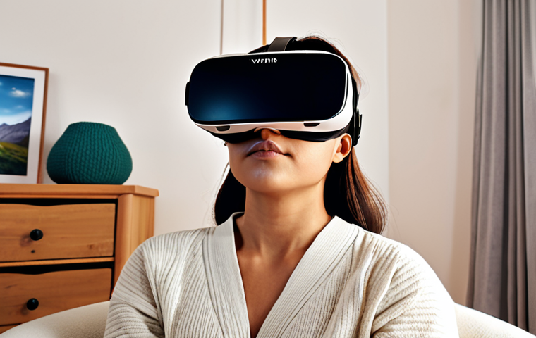 **Image Prompt 1: Virtual Therapy Session**
- Create an image of a person experiencing a virtual reality therapy session. The individual is wearing VR goggles, sitting comfortably in a cozy room that resembles a therapist's office. The virtual environment shows calming landscapes or soothing scenes that help alleviate anxiety.